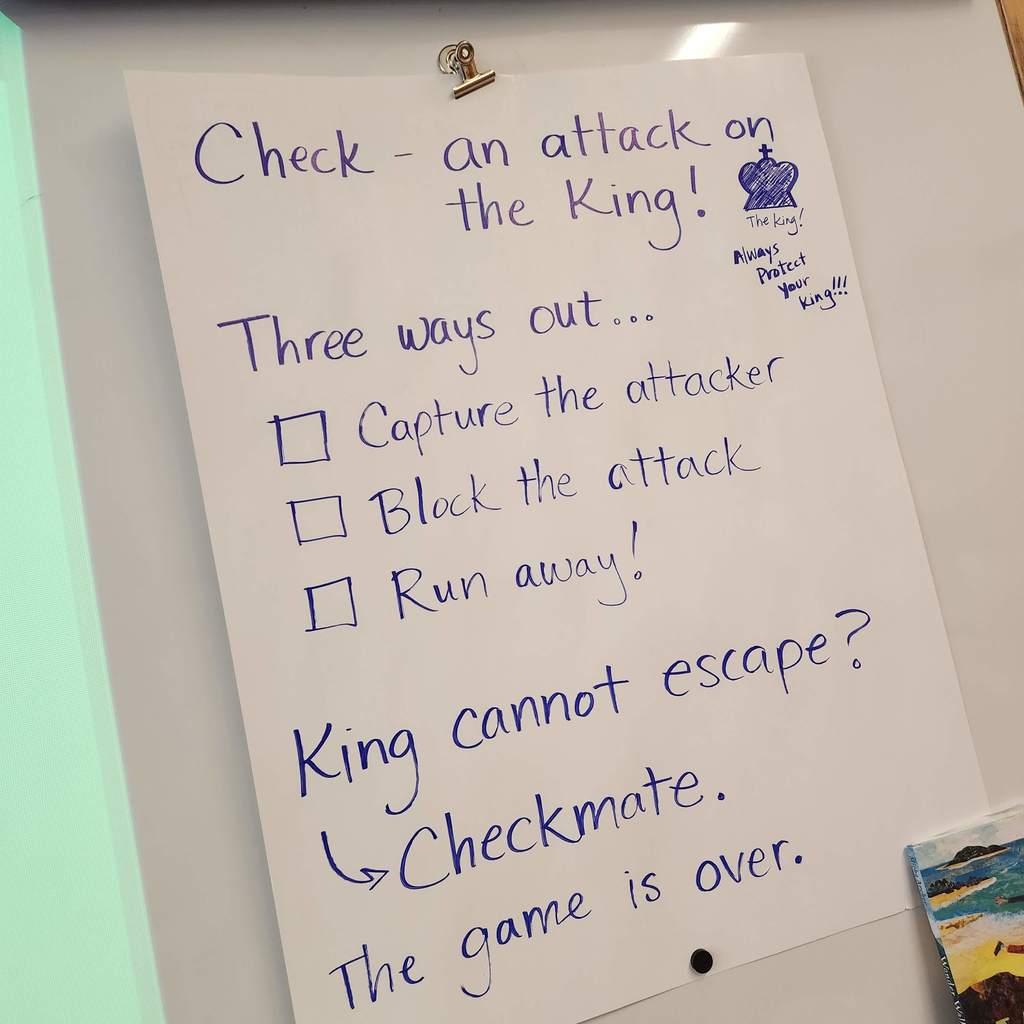 A poster from Chess Club describes the 3 ways a King can escape from check and avoid checkmate.