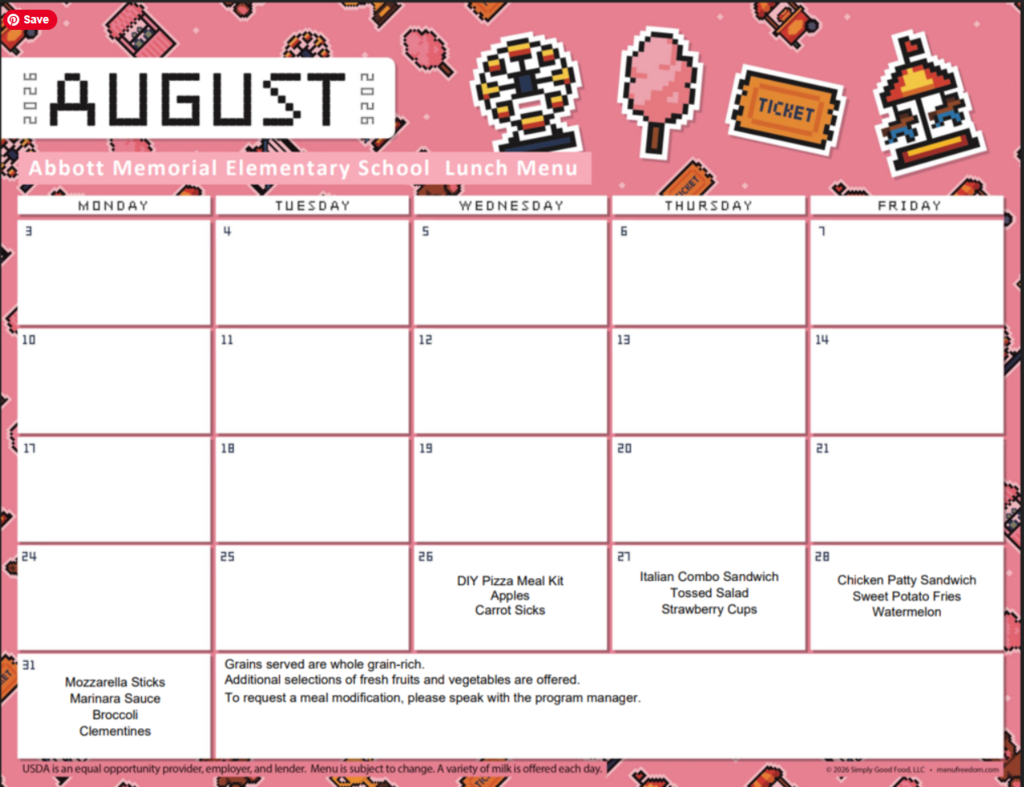 August 2026 Lunch Menu