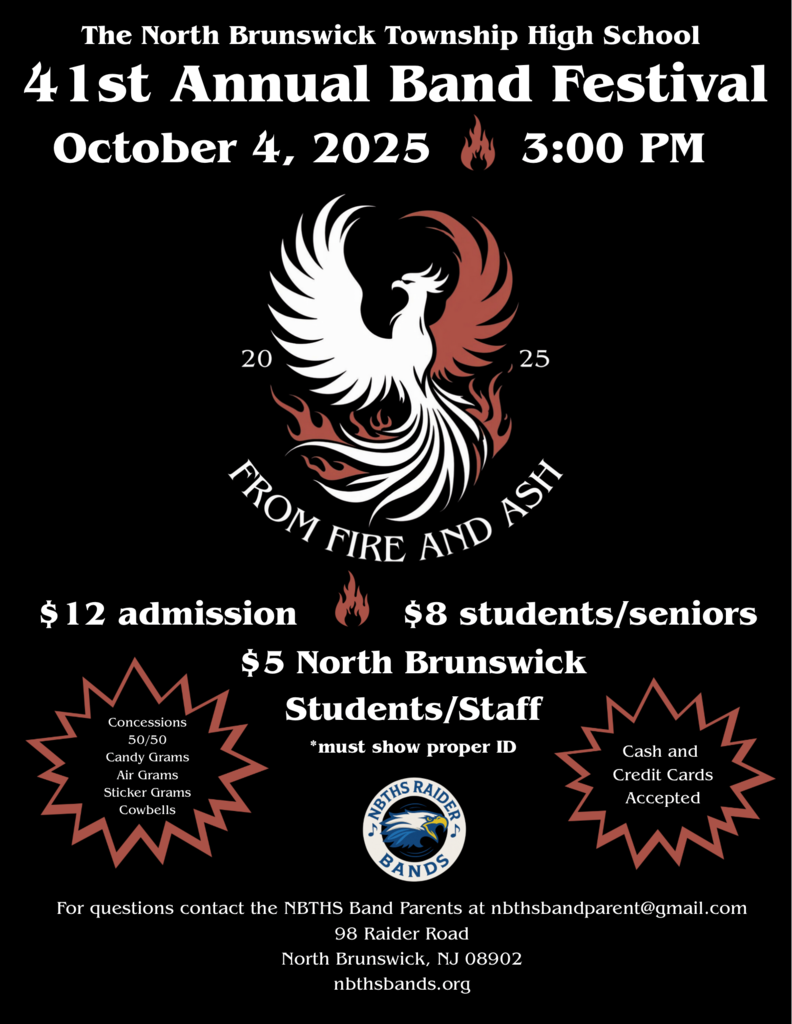 NBTHS Raider Marching Band Festival Flyer - Saturday October 4 starting at 3pm on Steve Libro Field. $12 admission, $8 students/seniors, $5 for all NBT Staff with valid ID.