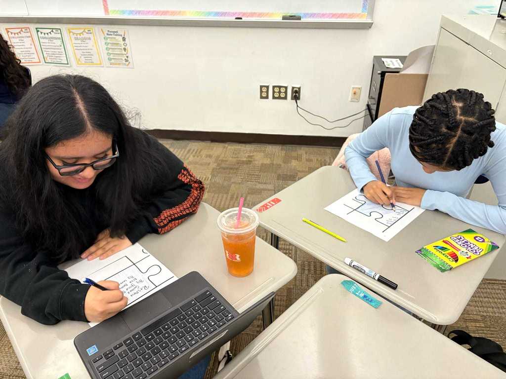 Students were tasked with defining or depicting what respect means and looks like to them. All of these puzzle pieces will be assembled to spell out the word respect. 