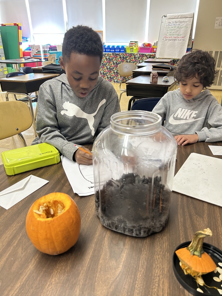 Two students observing a pumpkin.