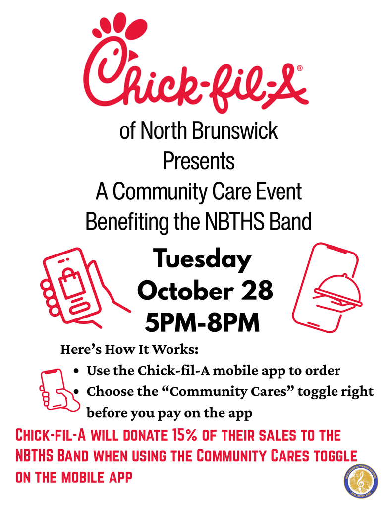 15% of all Chick-Fil-A orders will be donated to the NBTHS Raider Marching Band tomorrow, October 28 from 5-8pm.