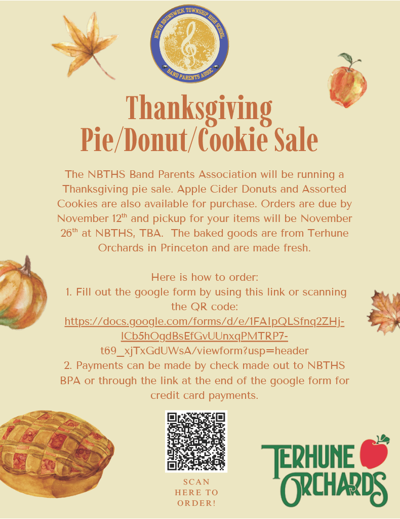 NBTHS Raider Marching Band pie sale from Terhune Orchards. Scan the QR code on the flyer to order!