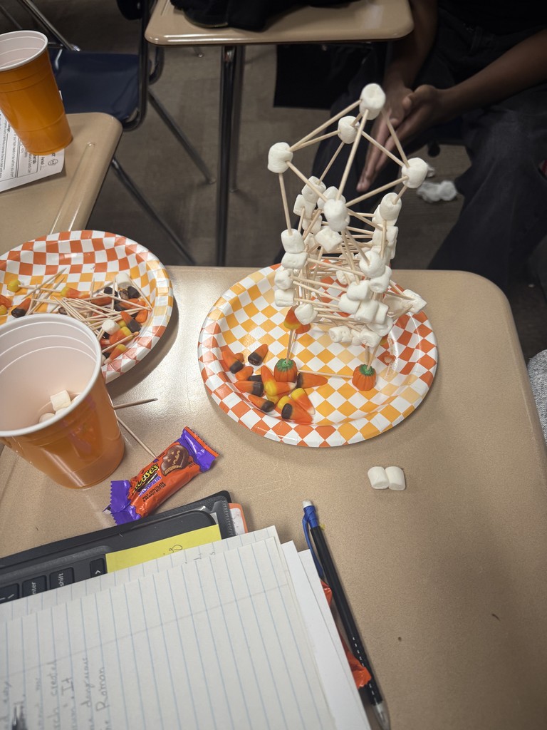 student created tower of marshmallows and toothpicks