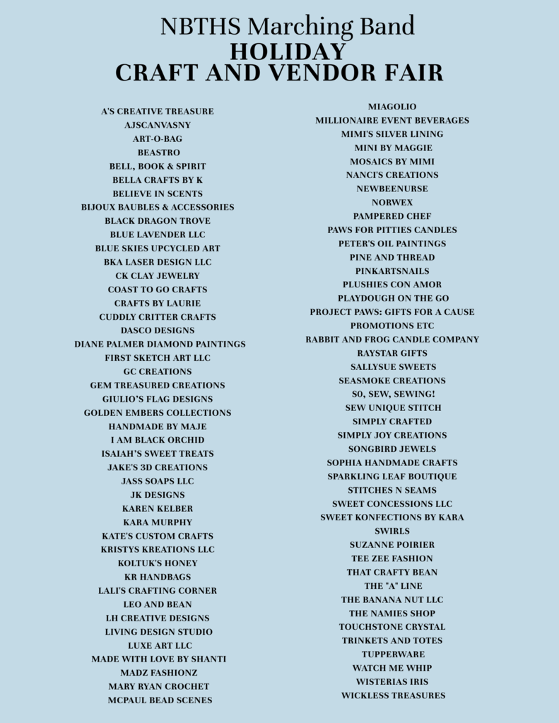A list of the vendors for the craft fair.