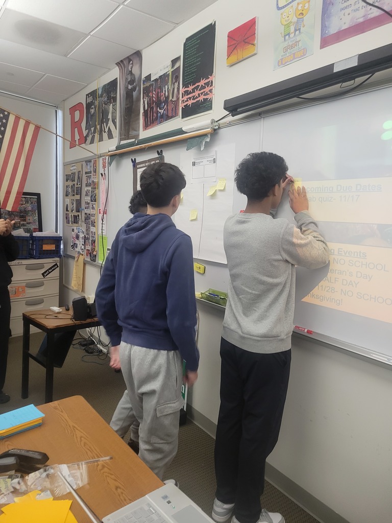 Students are writing their thoughts on sticky notes.