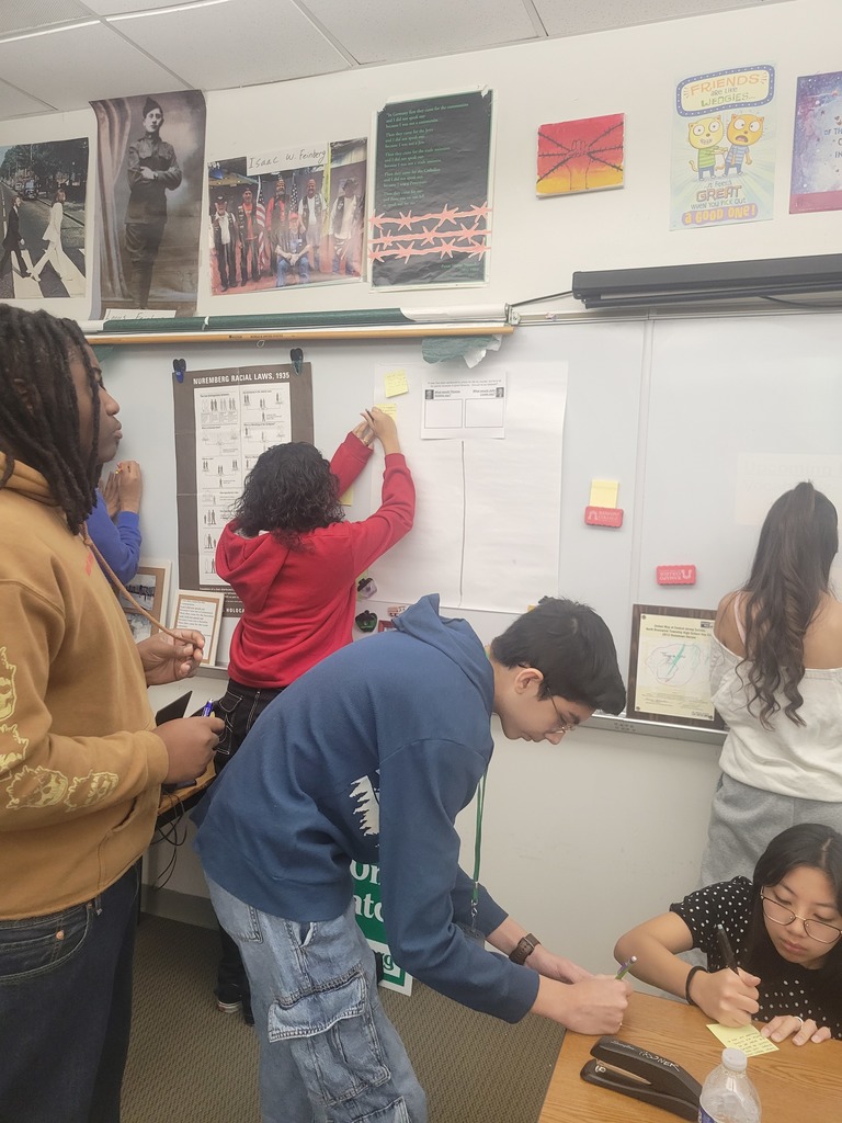 Students are writing their thoughts on sticky notes.