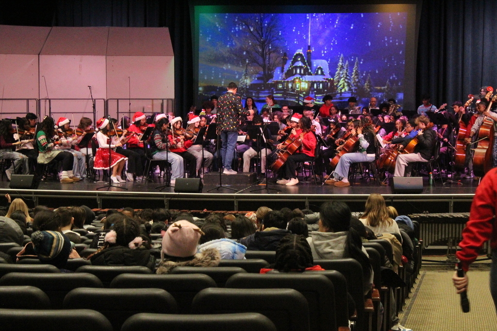 Student in festive holiday attire playing music