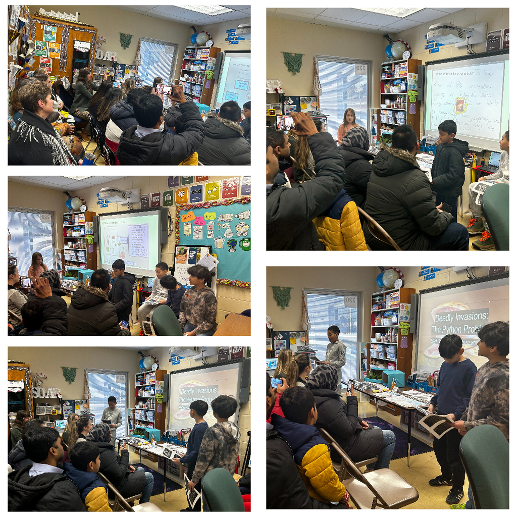 A collection of 5 photos all showing students giving presentations to other students and parents