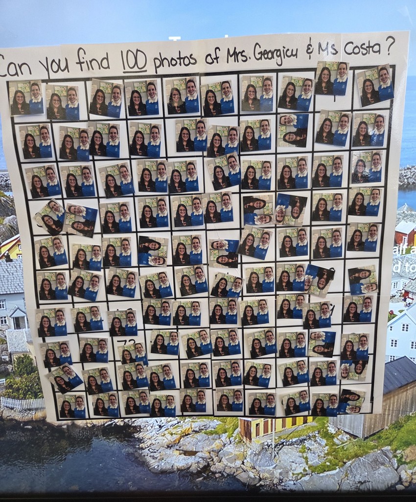 100 photos of two teachers on a poster board