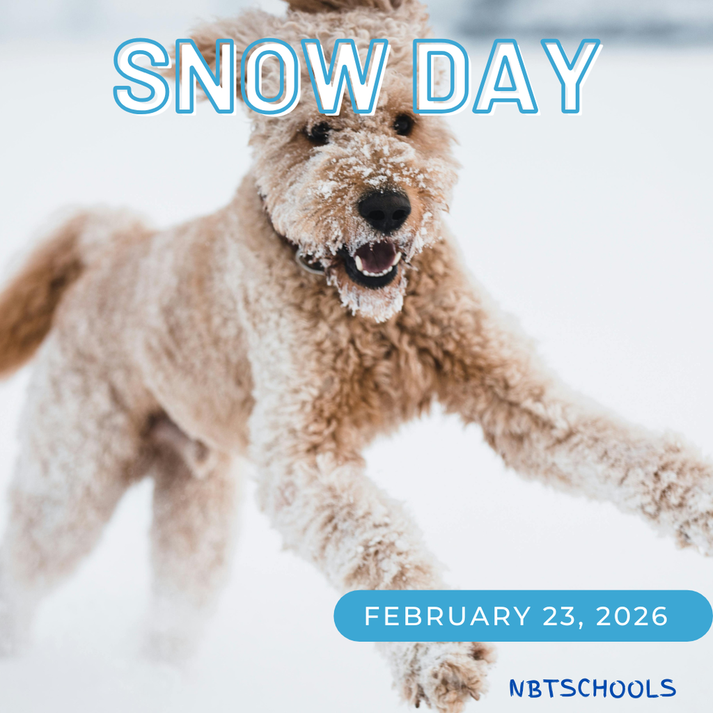 Dog running through the snow with the words School Closed Feburary 23, 2026 NBTSCHOOLS