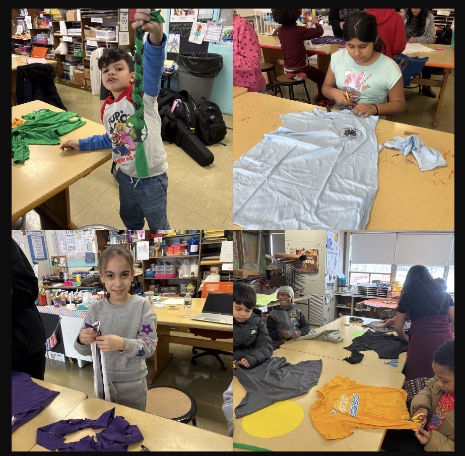 Parsons Pride students made dog toys for a local animal shelter. Four photos of students cutting up tshirts