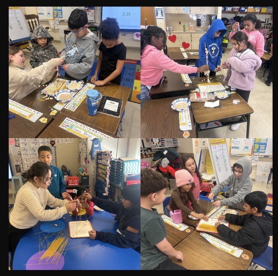 Parsons Student Council members worked together on a team-building activity! Four photos each of students working at tables on a building project