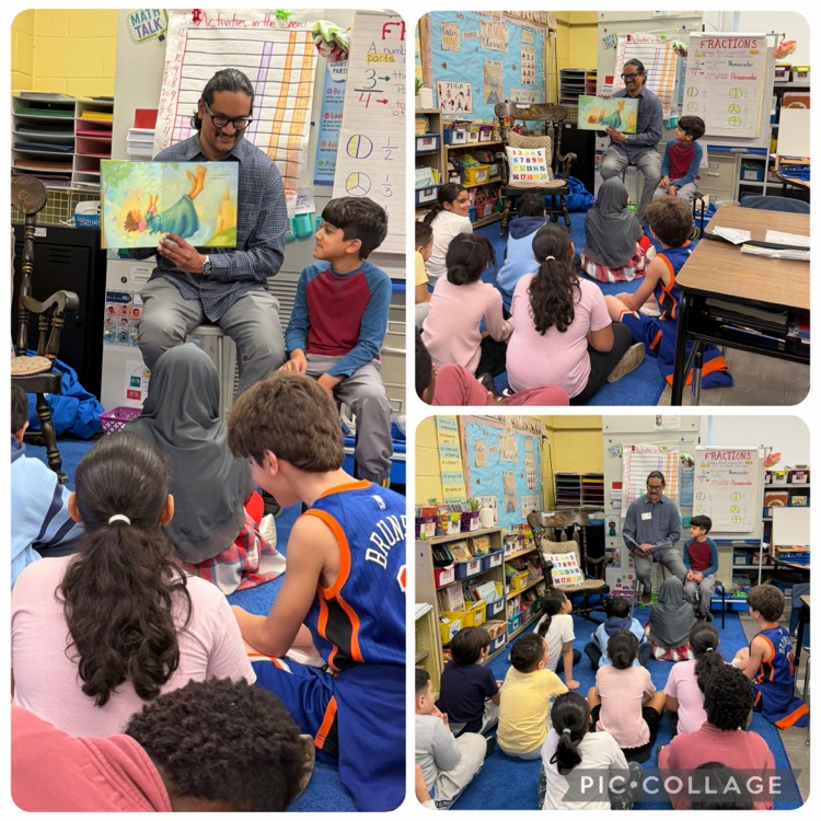Collage of students sitting in a classroom listening to a guest reader