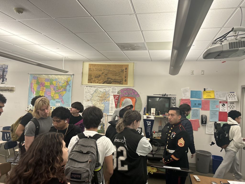 Sgt. Solano of the US Marines visits AMH class at NBTHS