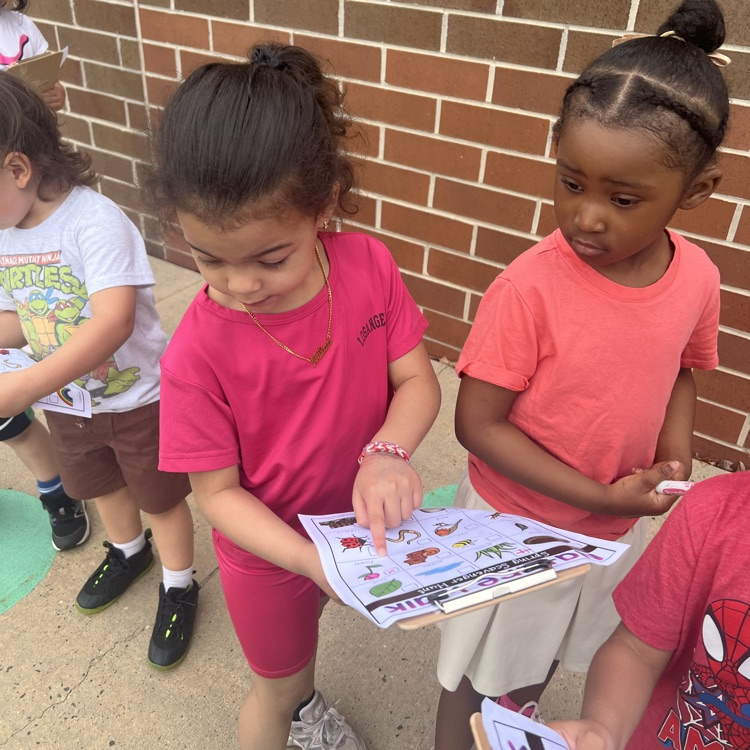 Students marking off a paper scavenge hunt about nature