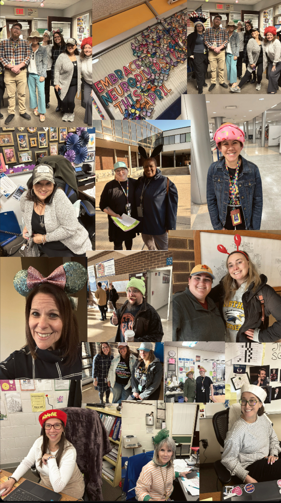 Staff members wearing different fun hats