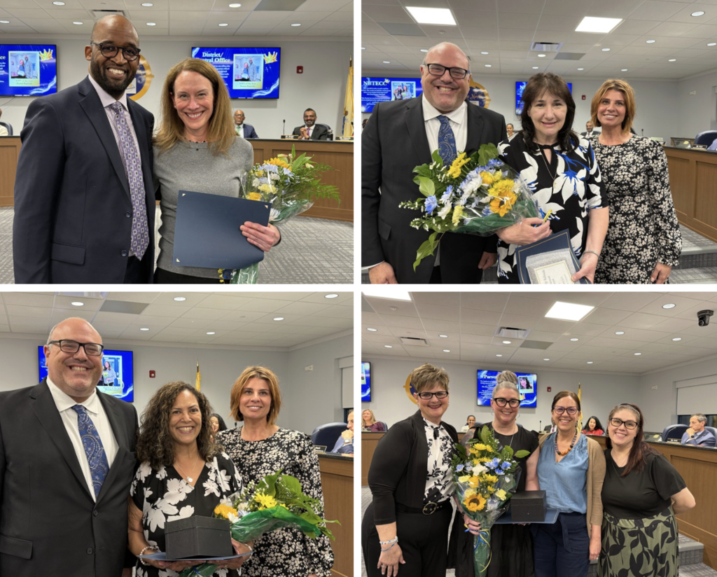 Collage of 4 photos of principal and award recipient staff member holding certificate