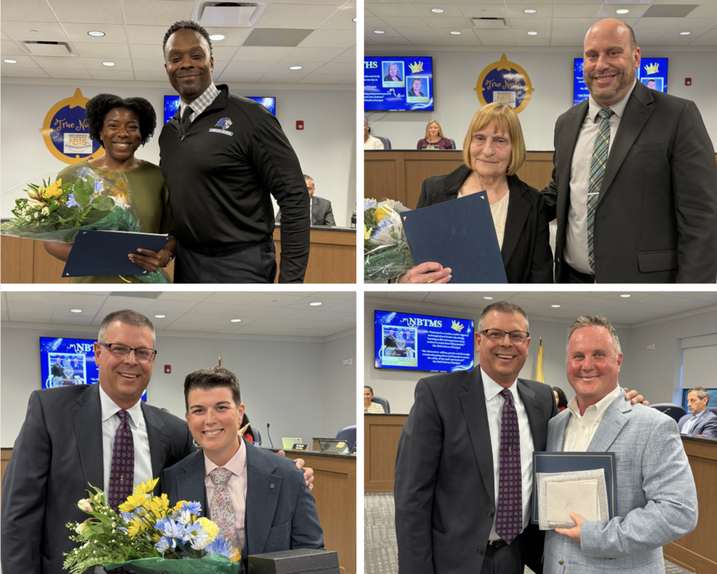 Collage of 4 photos of principal and award recipient staff member holding certificate