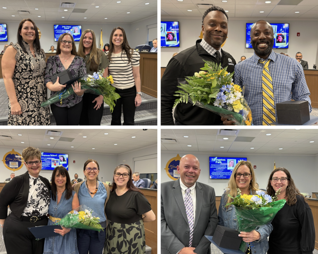Collage of 4 photos of principal and award recipient staff member holding certificate