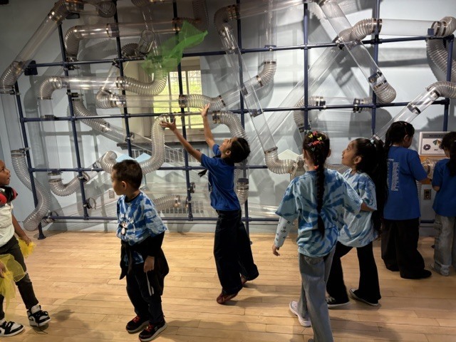 students playing in a museum with tubes