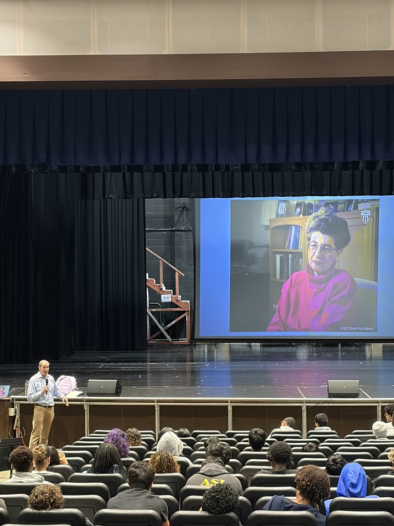 Guest speaker Allan Chernoff, former CNN correspondent, telling the story of his mother, who survived Auschwitz during the Holocaust. This in-school experience for over 100 students was organized by Ms. Passner.