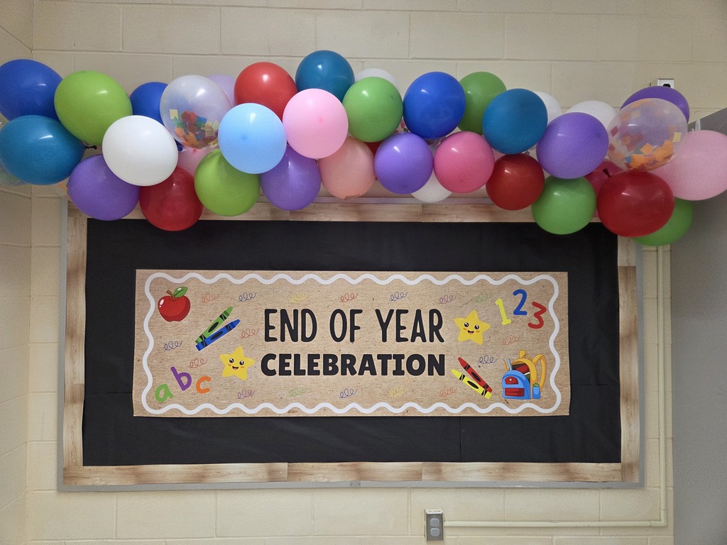 an end of year sign with balloons