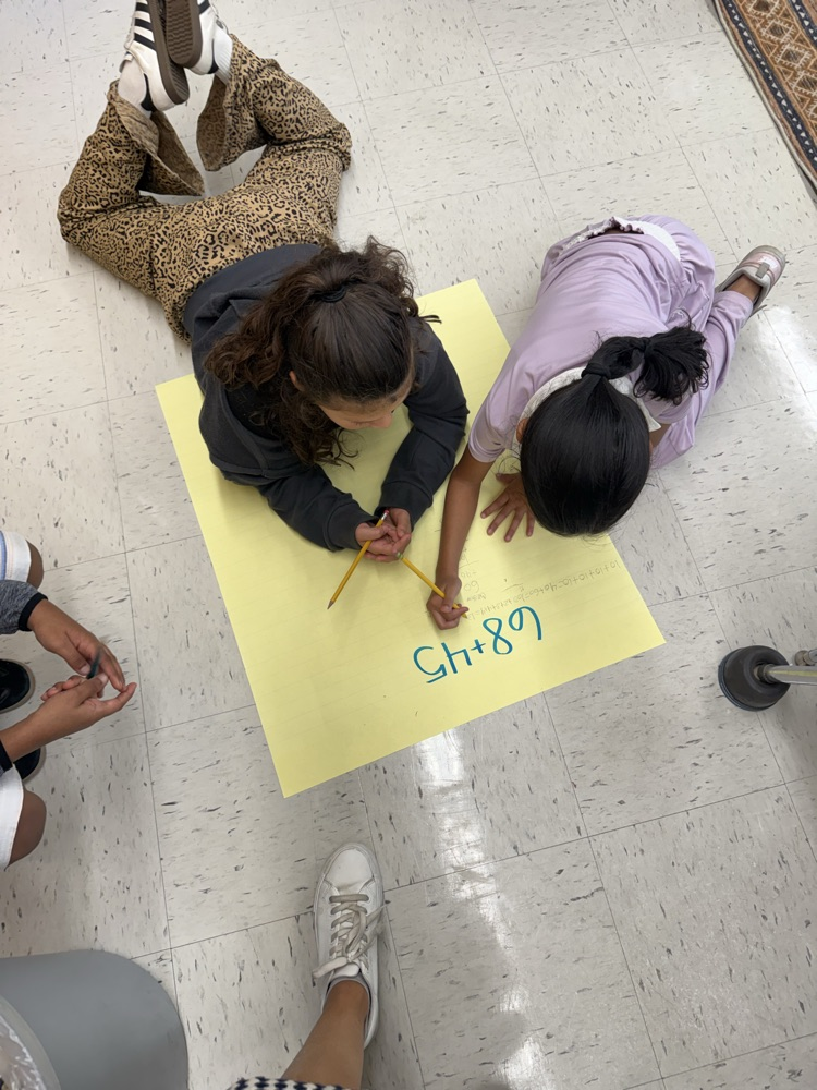 Students working on large posters doing math problems