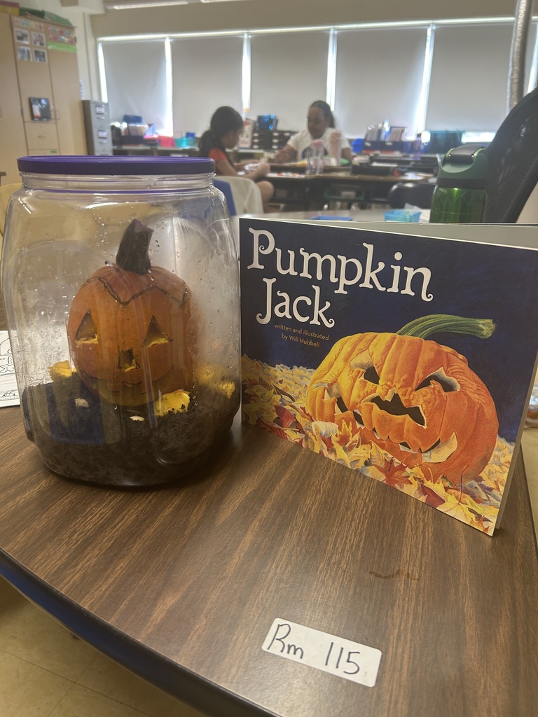 A picture of a pumpkin in a container next to the book Pumpkin Jack