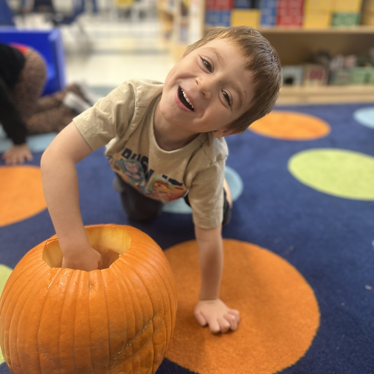 Student scooping out a pumpkin