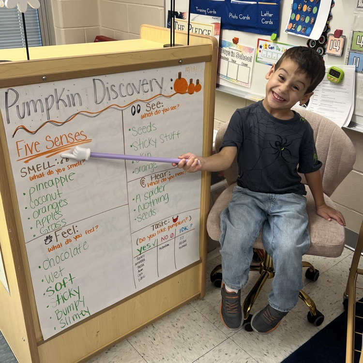 Student pointing to board about the five senses