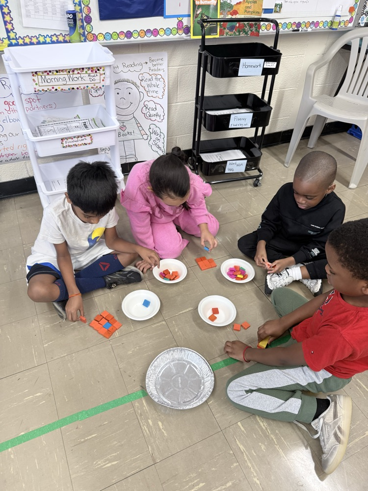 Students counting items into bowls