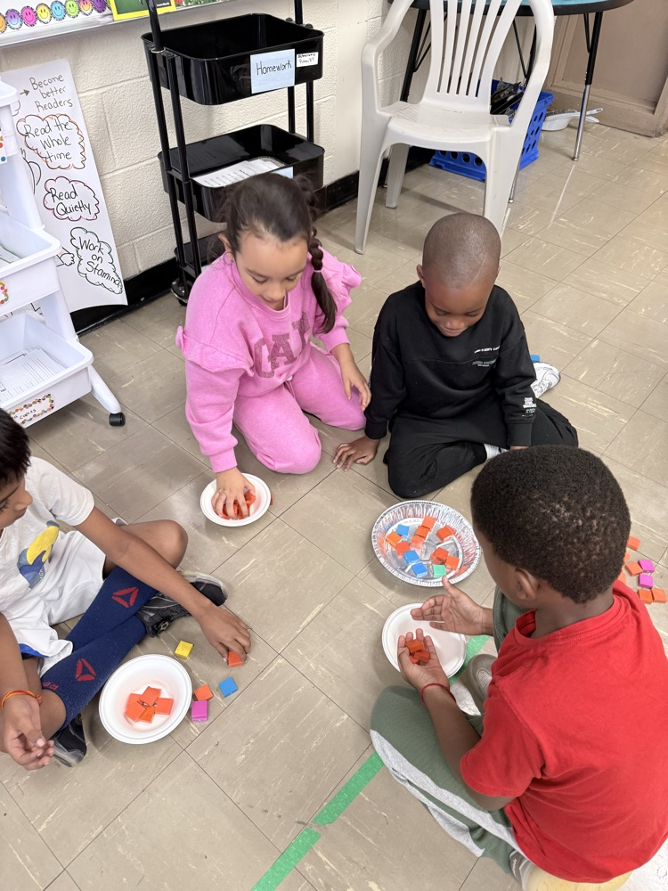 Students counting items into bowls