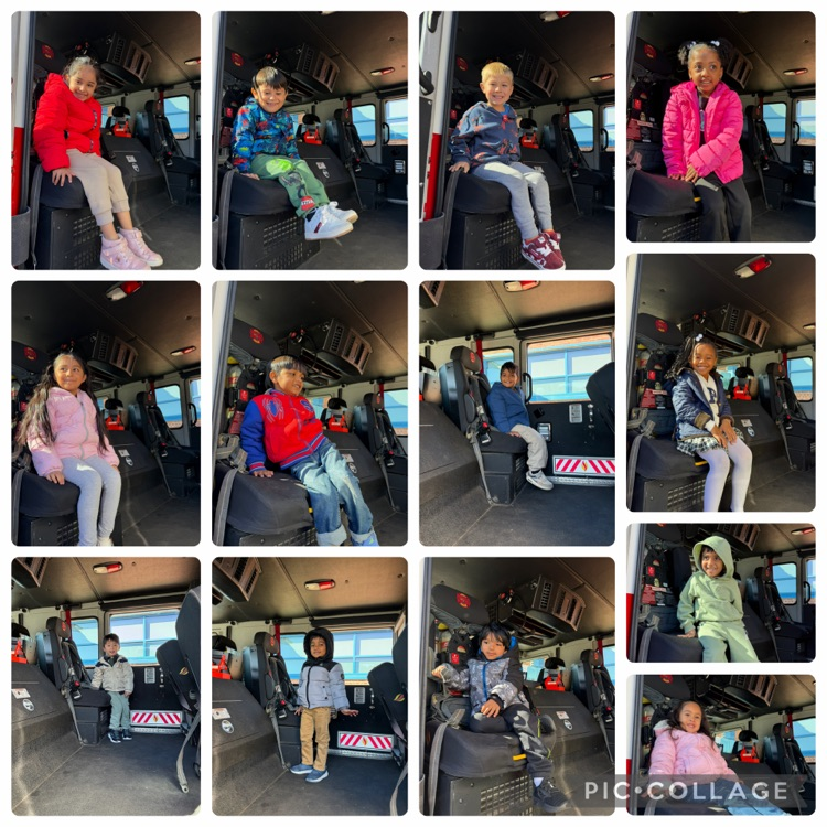 Collection of photos of students posed in front seat of fire truck