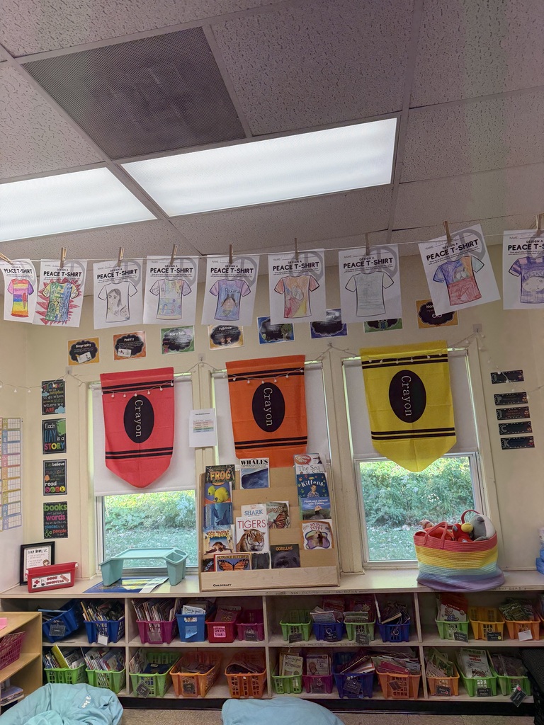Students designed a "Peace T-Shirt" which are displayed hanging up in the classroom