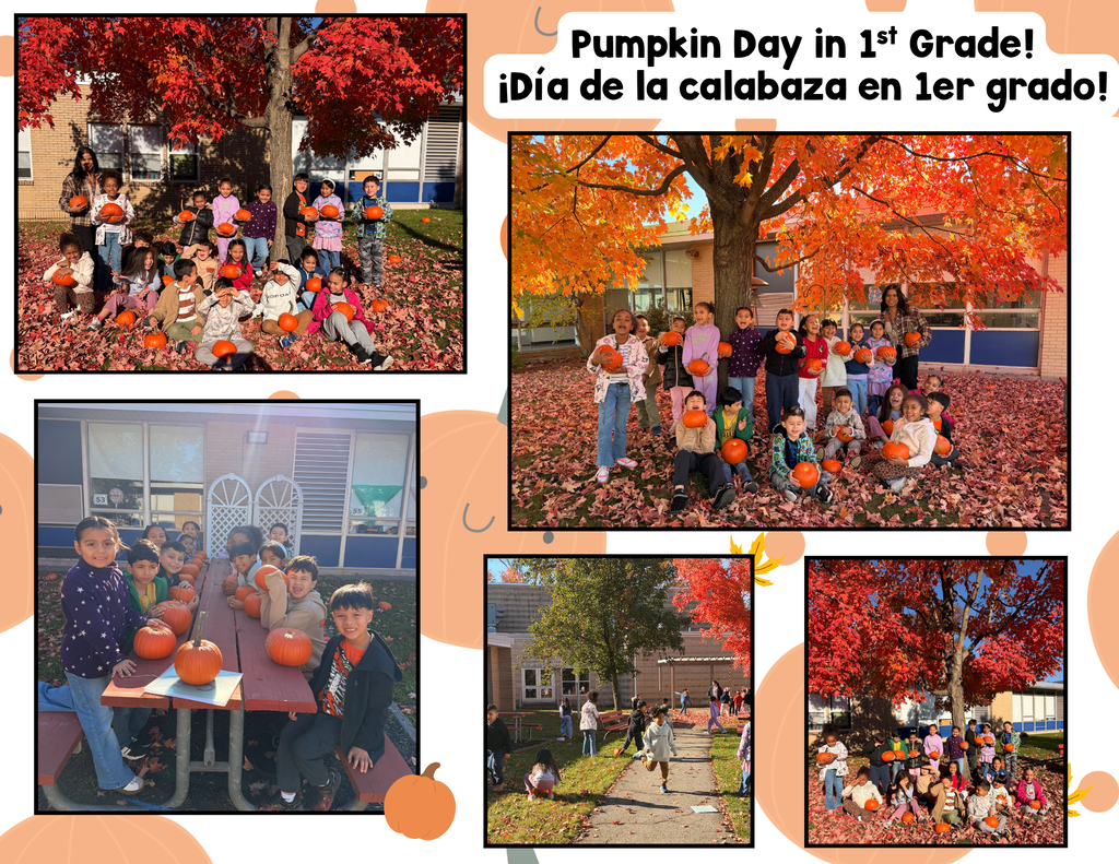 Students holding their  pumpkins outside by a tree