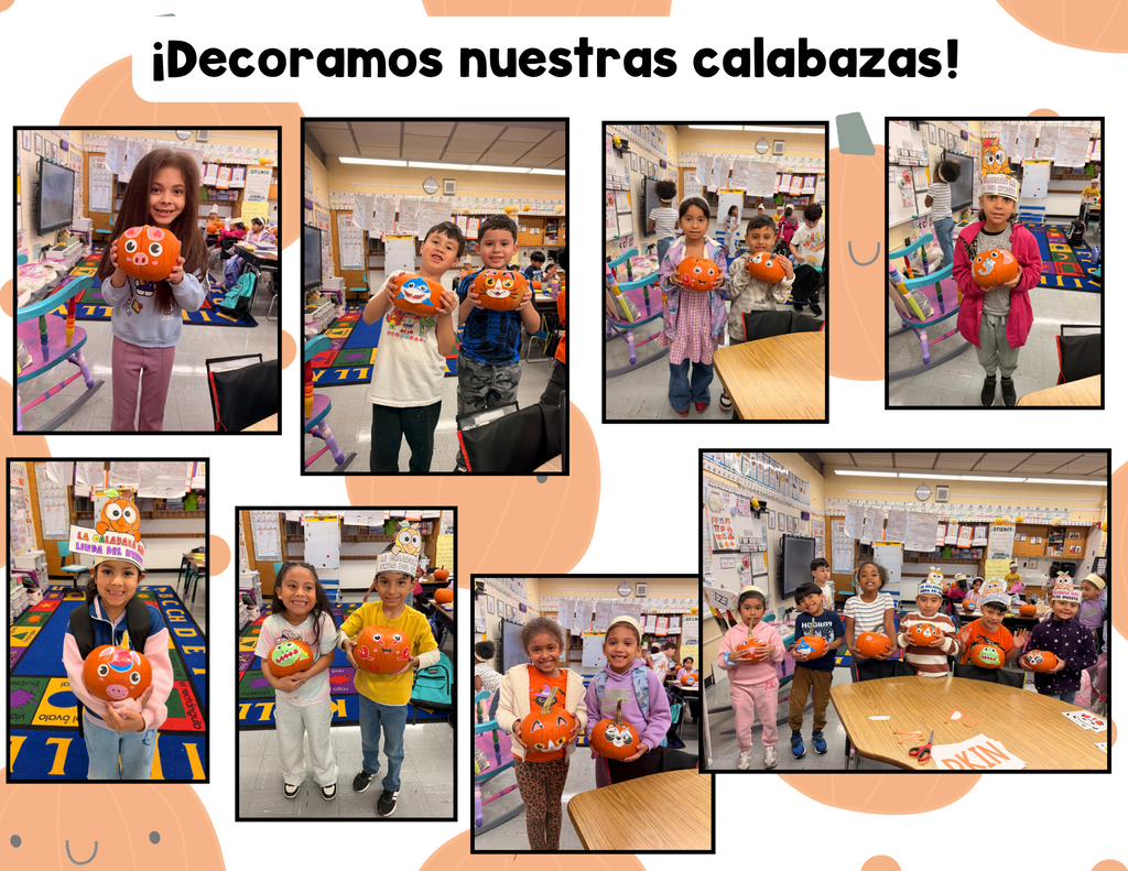 Students holding their decorated pumpkins