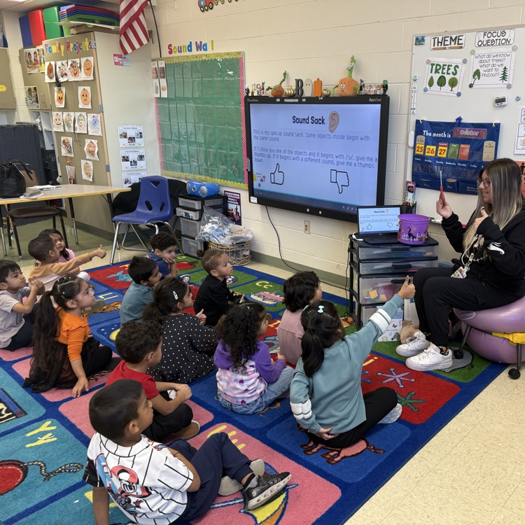 Students listening to a lesson on the classroom carpet
