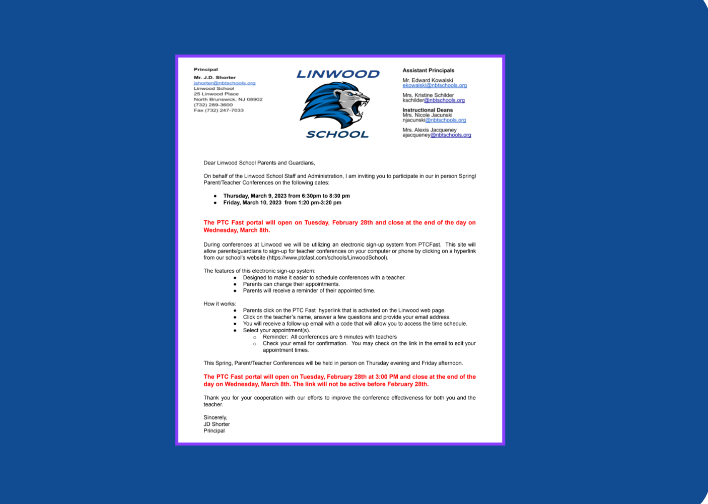 Linwood PTC Conferences Letter