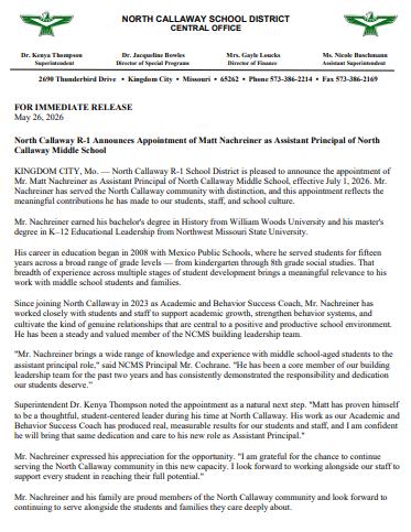 Matt Nachreiner named middle school assistant principal