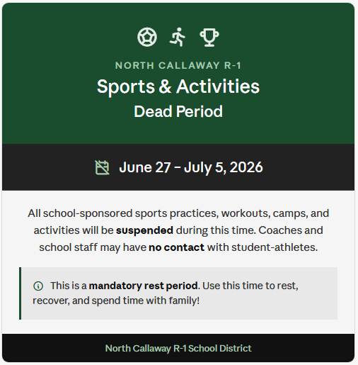 Dead Period June 27- July 5, 2026: no contact with coaches or sponsors