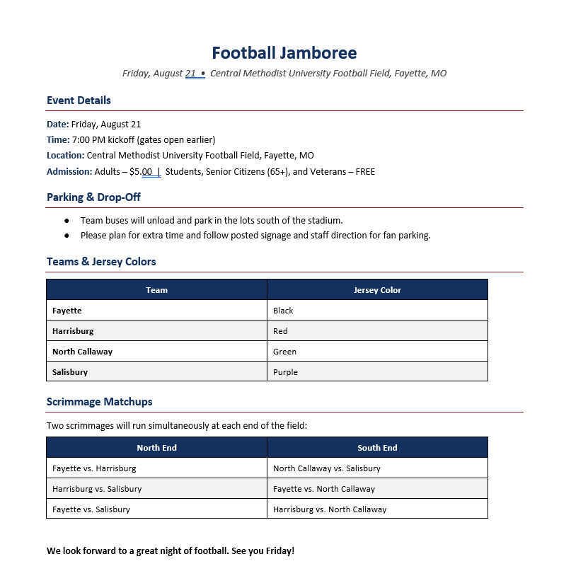 Football Jamboree Information