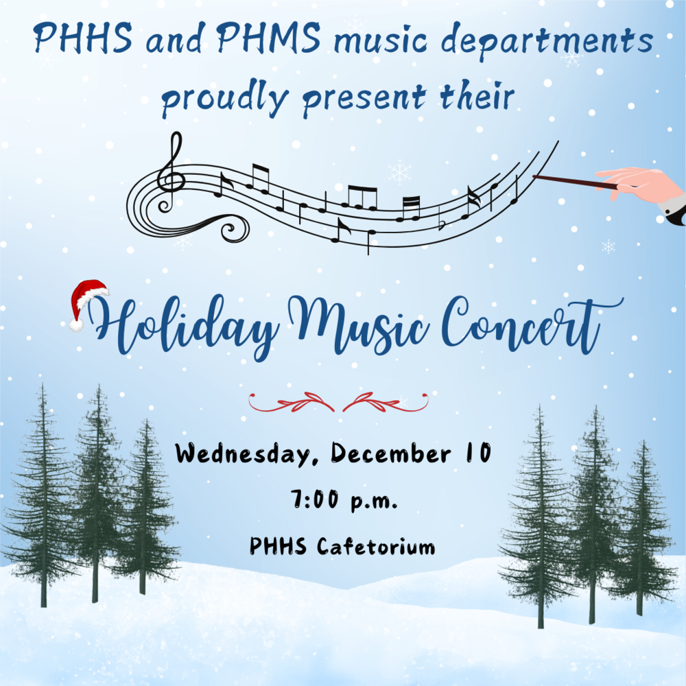 graphic with a winter scene and music notes for Holiday Music Concert on Wednesday, December 10