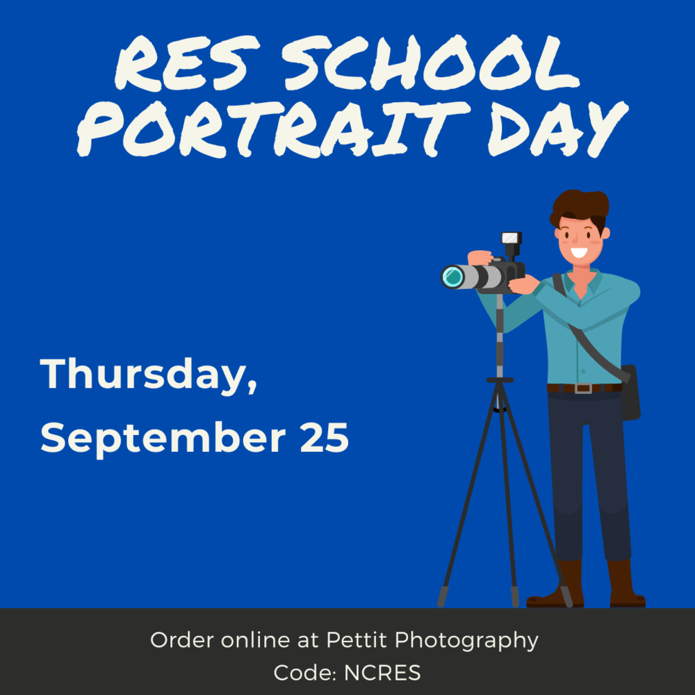 graphic with a clip art of a photographer and the words RES school portrait day Thursday, September 25