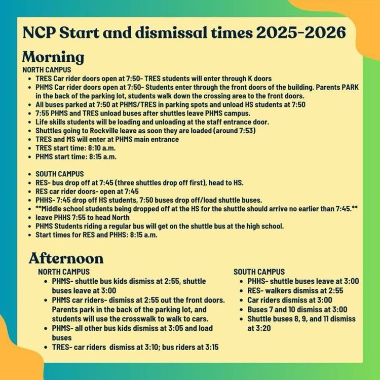 graphic with school start and dismissal times