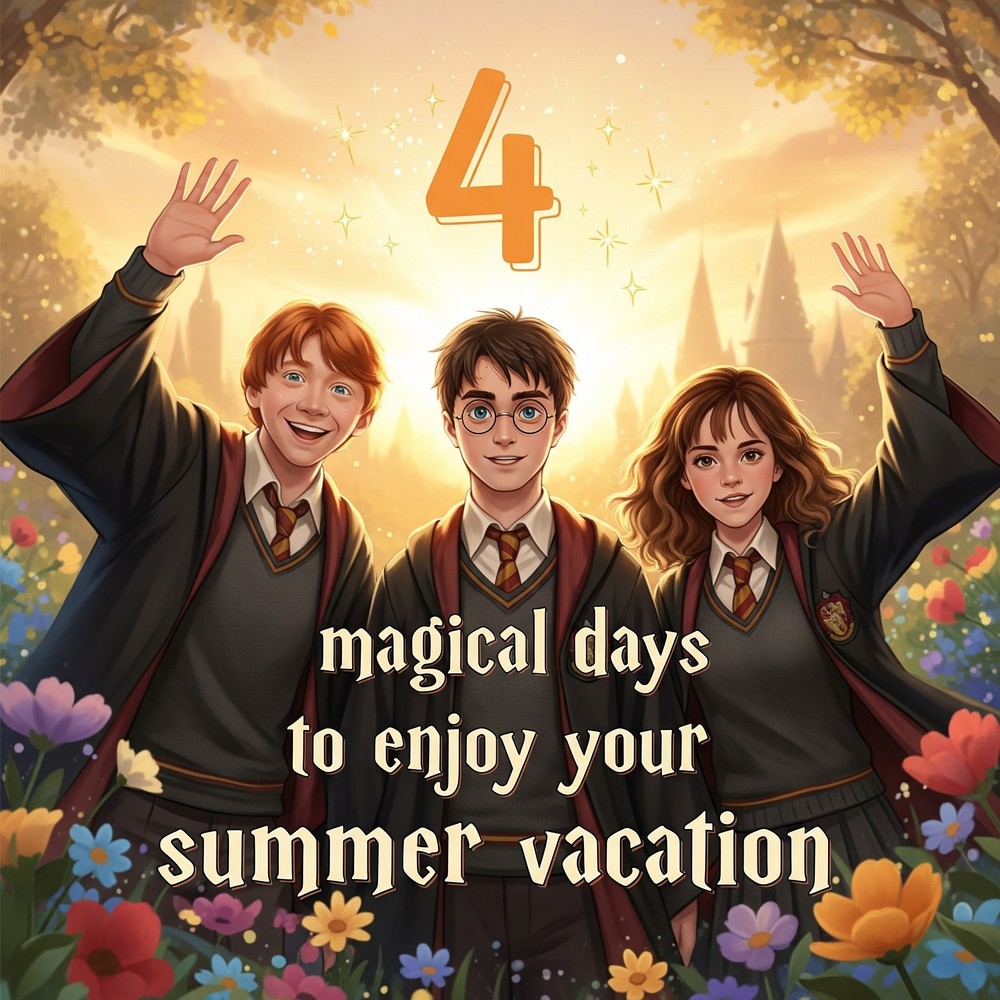 graphic showing Harry Potter and friends with the words 4 magical days to enjoy your summer vacation