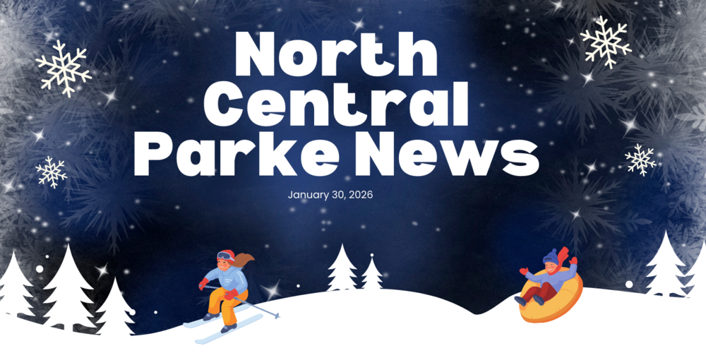 snow scene with a skier and sledder and the words North Central Parke News January 30, 2026