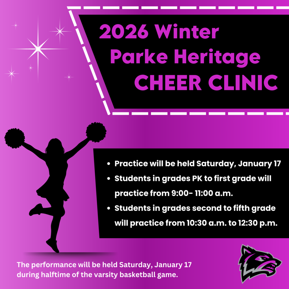 graphic with a clipart of a cheerleader and information for the winter cheer clinic