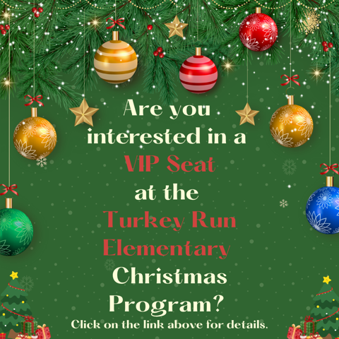 graphic with Christmas ornaments and information for the VIP seat raffle for the Christmas program