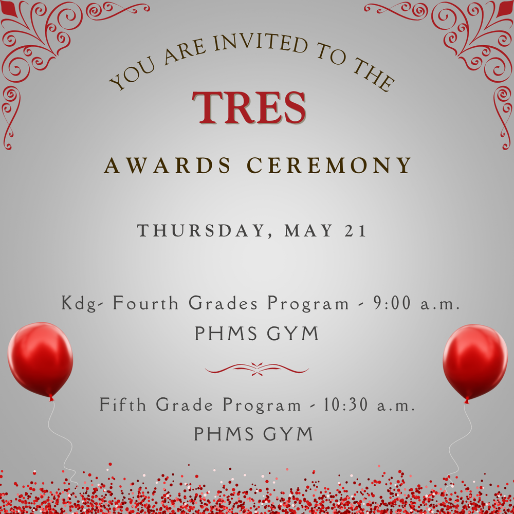 graphic with confetti and balloons and information for the awards ceremony on Thursday, May 21